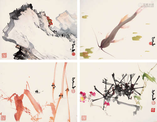 赵少昂  乐水·松鸟·野趣·山石 设色纸本 托片