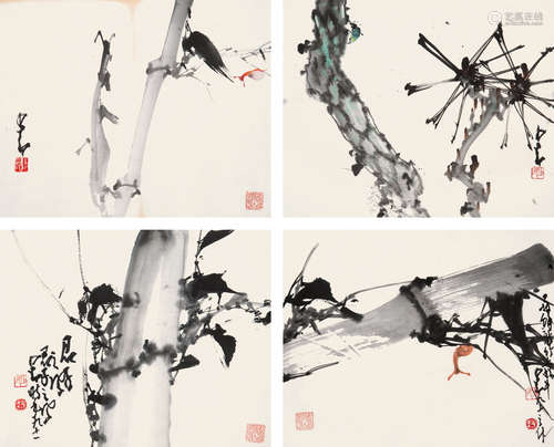 赵少昂  墨竹蜗牛·松鸟四帧 设色纸本 托片