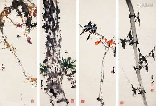 赵少昂  花鸟四屏 设色纸本 托片