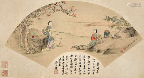 董小宛（秦康祥题）  品茗图 设色纸本 扇面