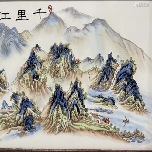 红木镶瓷板画粉彩花鸟千里江山图挂屏