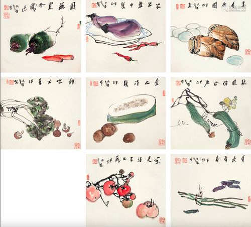 江文湛 辛巳（2001）年作 蔬果八帧 设色纸本 托片