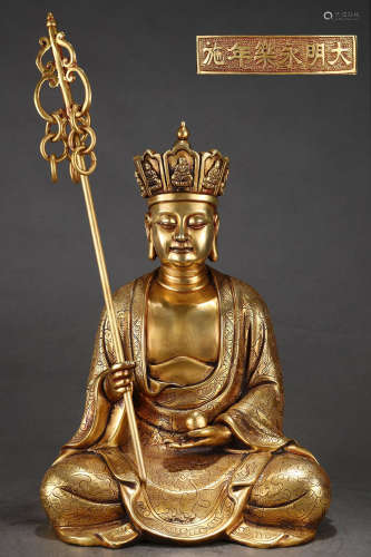 大明永乐精铸铜胎鎏金地藏王坐像