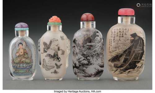 A Group of Four Chinese Inside-Painted Snuff Bottles 3-3/8 x...