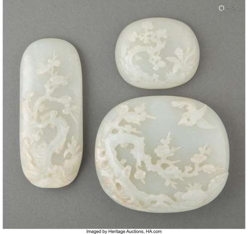 A Group of Three Chinese Carved Jade Plaques from a Ruyi Sce...