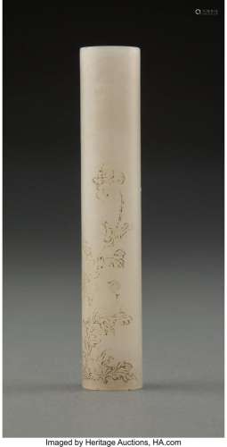 A Chinese Carved White Jade Tube 3-7/8 x 0-5/8 inches (9.8 x...