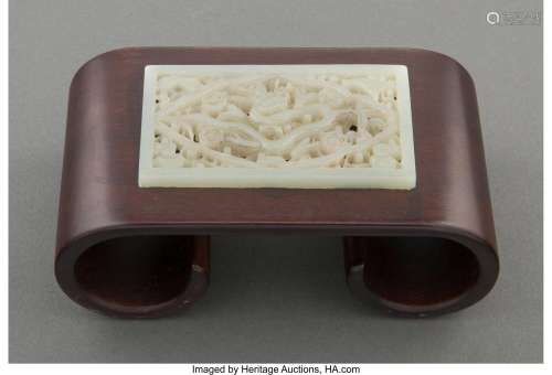 A Chinese Carved Jade Plaque on a Wood Stand 2 x 5 x 2-7/8 i...
