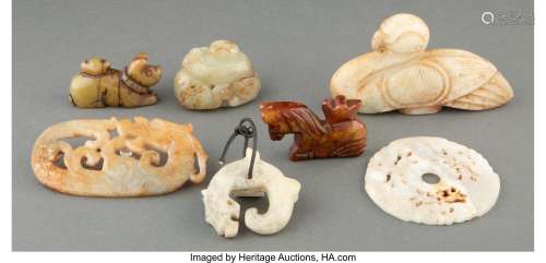 A Group of Seven Chinese Carved Hardstone and Jade Articles ...