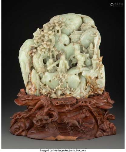A Chinese Carved Hardstone Mountain with Carved Wood Stand 1...