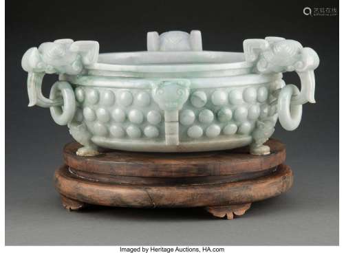A Chinese Carved Jadeite Bowl on Carved Wood Stand 5-1/4 x 1...