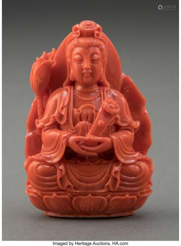 A Chinese Carved Coral Guanyin 2-3/4 x 2 x 1-1/8 inches (7.0...