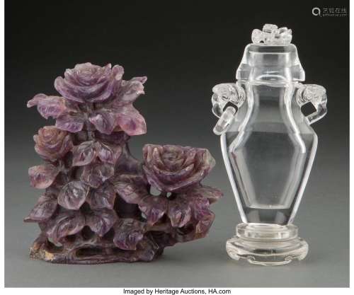 A Chinese Carved Amethyst Covered Urn and a Chinese Carved R...
