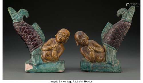 A Pair of Chinese Fishtail Figure Roof Tiles 8-1/2 x 5-1/4 x...