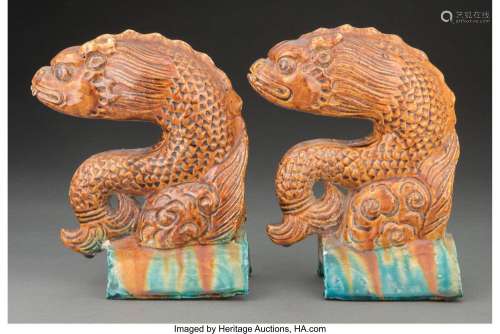 A Pair of Chinese Porcelain Roof Tiles 7-3/4 x 5-1/2 x 3-3/8...