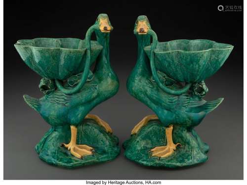 A Pair of Chinese Glazed Ceramic Duck Bowls Marks to each: L...