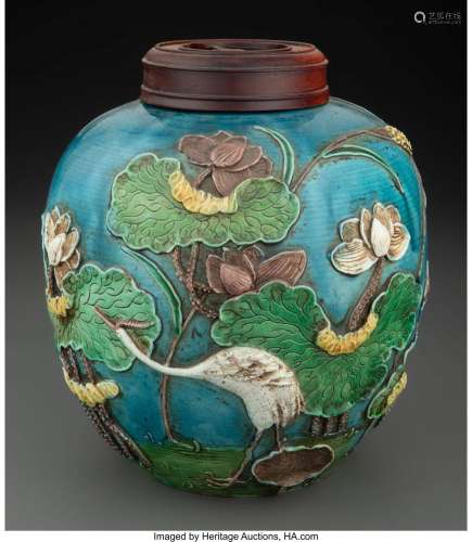A Chinese Glazed Porcelain Jar with Carved Hardwood Cover Ma...