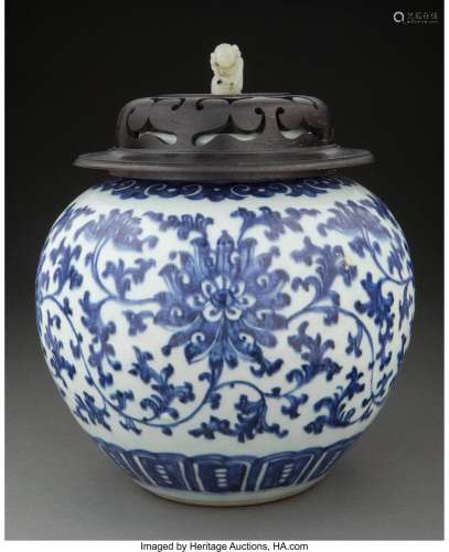 A Chinese Blue and White Jar with Jade Finial 8-7/8 x 8-3/4 ...