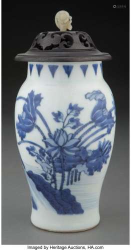 A Chinese Blue and White Covered Vase with Jade Finial 7-1/4...