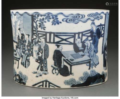 A Chinese Blue and White Brush Pot 6-1/8 x 7-5/8 inches (15....