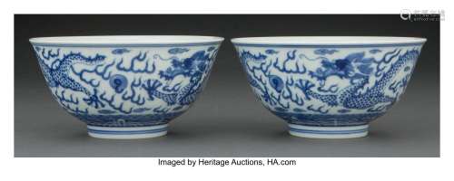 A Pair of Chinese Blue and White Dragon Bowls Marks: six-cha...
