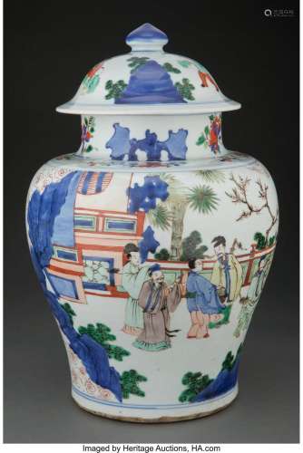 A Chinese Wucai Covered Jar 15-7/8 x 9-1/2 inches (40.3 x 24...