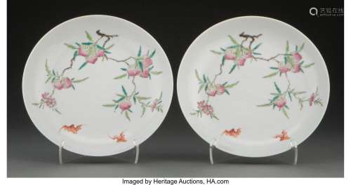 A Pair of Chinese Porcelain Famille Rose Peach and Bats Plat...