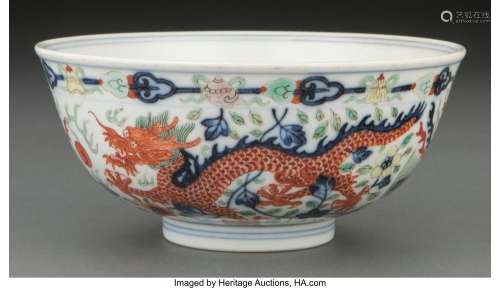A Chinese Wucai Glazed Dragon and Phoenix Bowl Marks: six-ch...