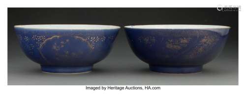 A Pair of Chinese Partial Gilt Blue Porcelain Bowls, Qing Dy...