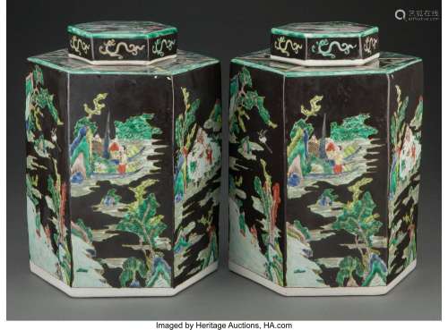 A Pair of Chinese Famille Noire Porcelain Tea Caddies Marks:...