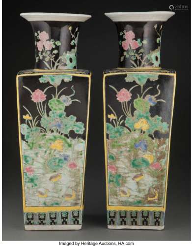A Pair of Chinese Famille Noire Porcelain Vases Marks: six-c...