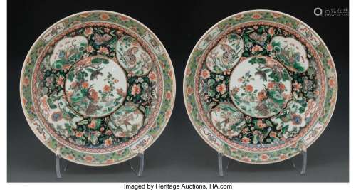 A Pair of Chinese Famille Noir Chargers 2-5/8 x 14-7/8 inche...