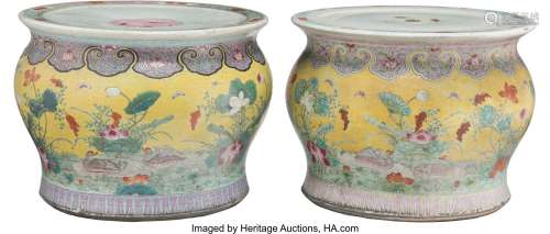 A Pair of Chinese Famille Jaune Enamel Yellow-Ground Planter...