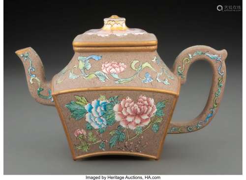 A Chinese Enameled Ceramic Teapot Marks: four-character Kang...