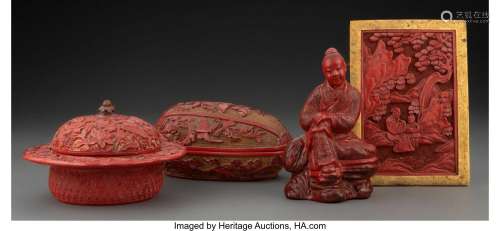 A Group of Four Chinese Carved Lacquer Articles Marks: (vari...