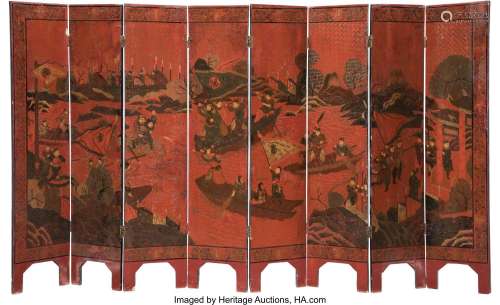 A Chinese Lacquered Eight Panel Screen 53-1/8 x 96 inches (1...