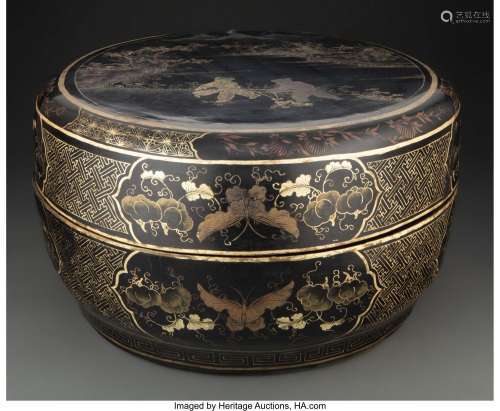 A Chinese Black Lacquer Covered Box 11 x 19-1/2 inches (27.9...