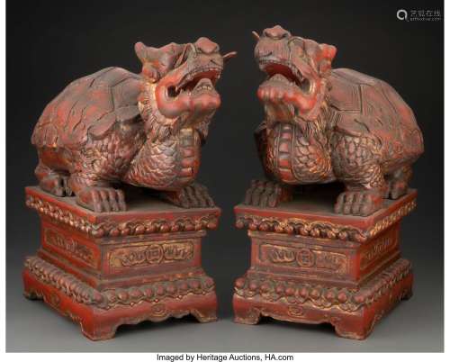 A Pair of Chinese Carved and Lacquered Wood Longgui 15-1/8 x...