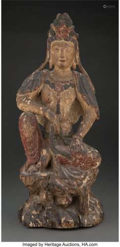 A Chinese Polychromed Carved Wood Seated Guanyin 18-1/2 x 7-...