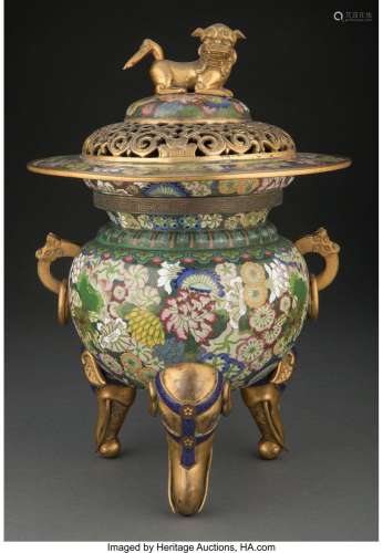 A Chinese Cloisonné Tripod Censer Marks: four-character Laot...