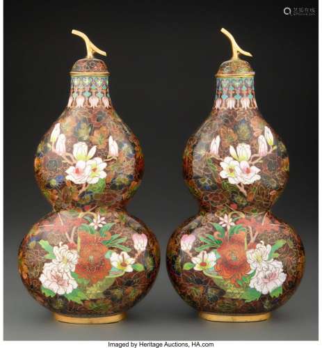 A Pair of Chinese Cloisonné Double Gourd Covered Vases 11-1/...