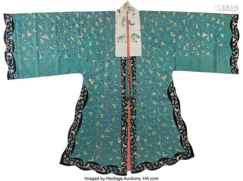 A Chinese Embroidered Silk Green-Ground Women's Robe 58 x 79...