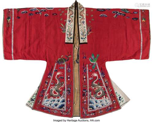 A Chinese Embroidered Red-Ground Taoist Robe 58 x 71-1/4 inc...