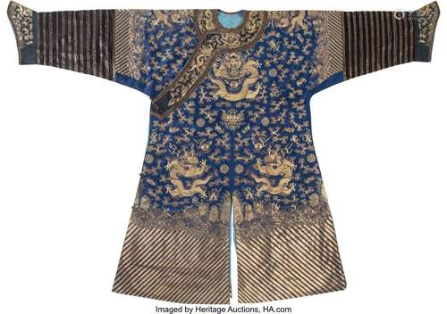 A Chinese Embroidered Silk Blue-Ground 'Dragon' Robe 53-1/4 ...