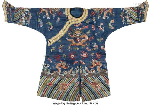 A Chinese Embroidered Silk Blue-Ground Children's 'Dragon' R...