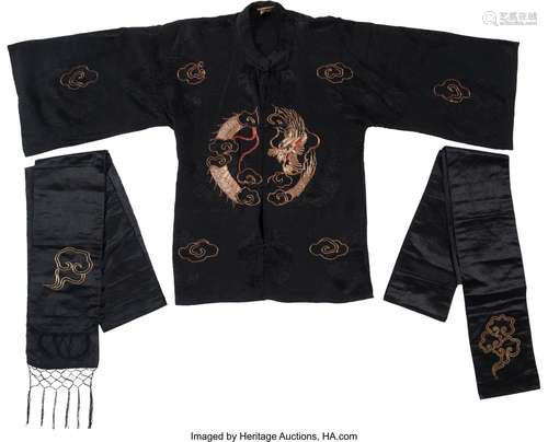 A Chinese Embroidered Black 'Dragon' Jacket with Two Belts 2...