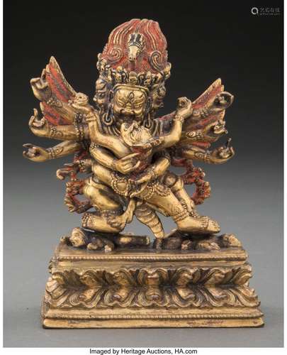 A Tibetan Gilt Bronze and Polychrome Figure: Hayagriva Marks...