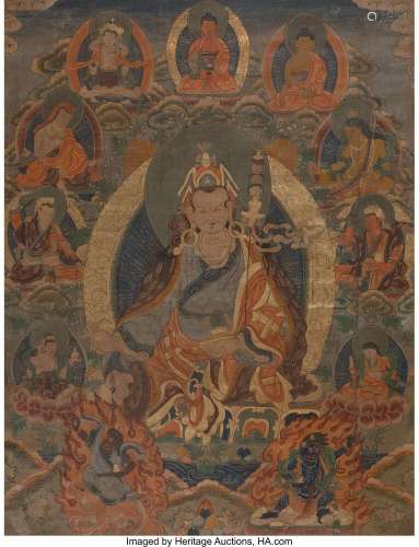 A Tibetan Partial Gilt and Polychromed Thangka 28-1/4 x 22-1...