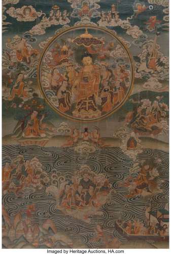 A Tibetan Partial Gilt and Polychromed Thangka 30-3/4 x 21-1...