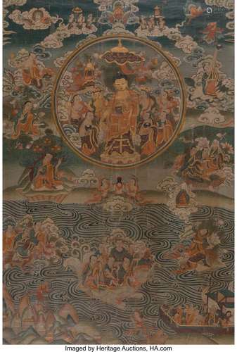 A Tibetan Partial Gilt and Polychromed Thangka 30-3/4 x 21-1...