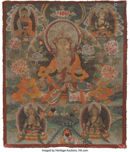 Two Tibetan Partial Gilt and Polychromed Thangkas 31-1/2 x 2...